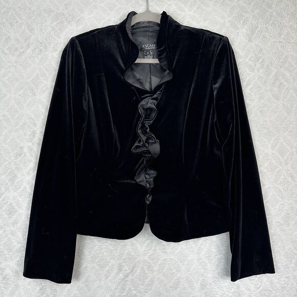 Xscape Velvet Ruffle Jacket Women 8 Black Victorian Goth Steampunk Witch Vampire - Picture 1 of 15